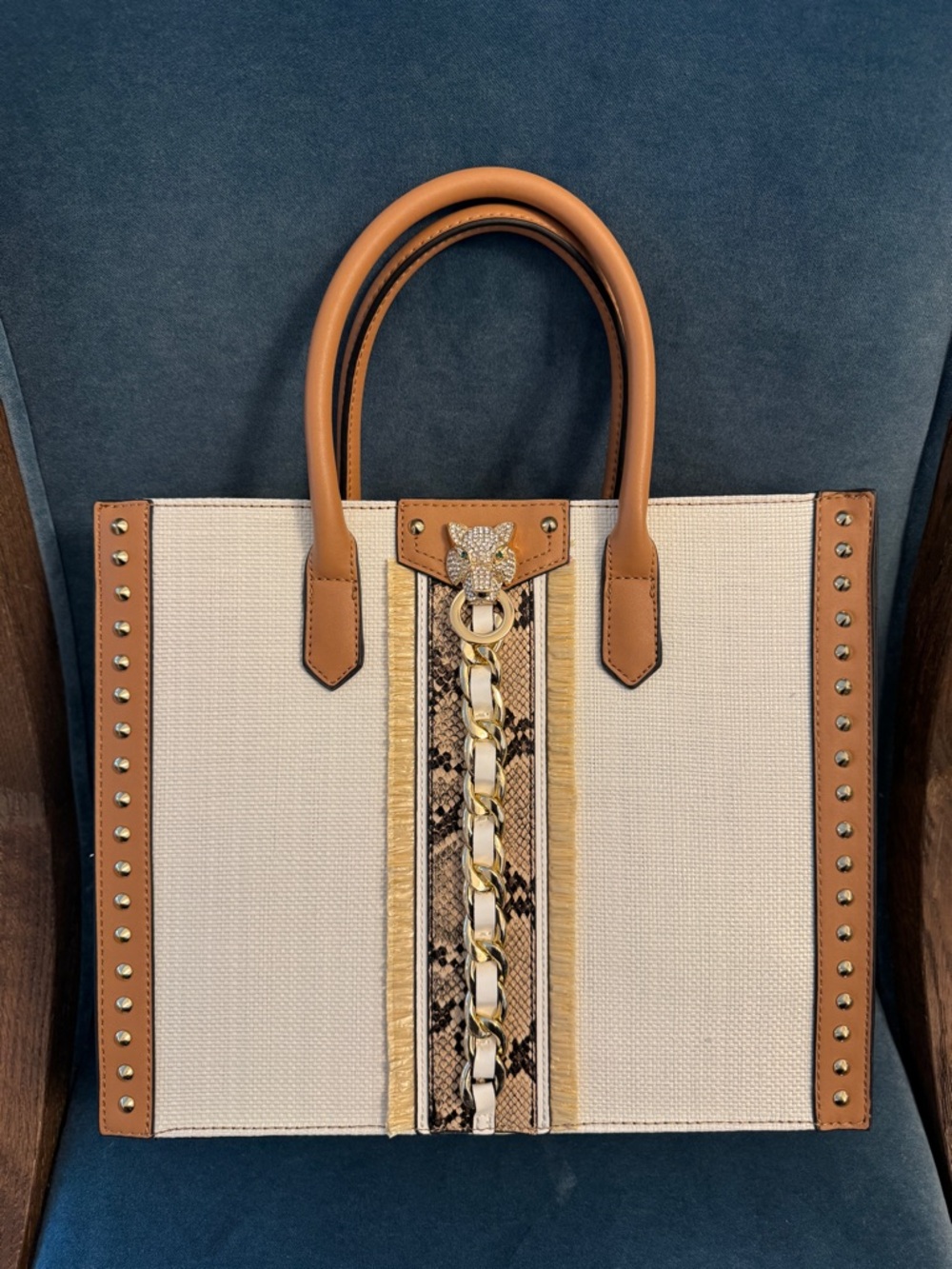 Cream & Tan Tote with Gold Chain Accent